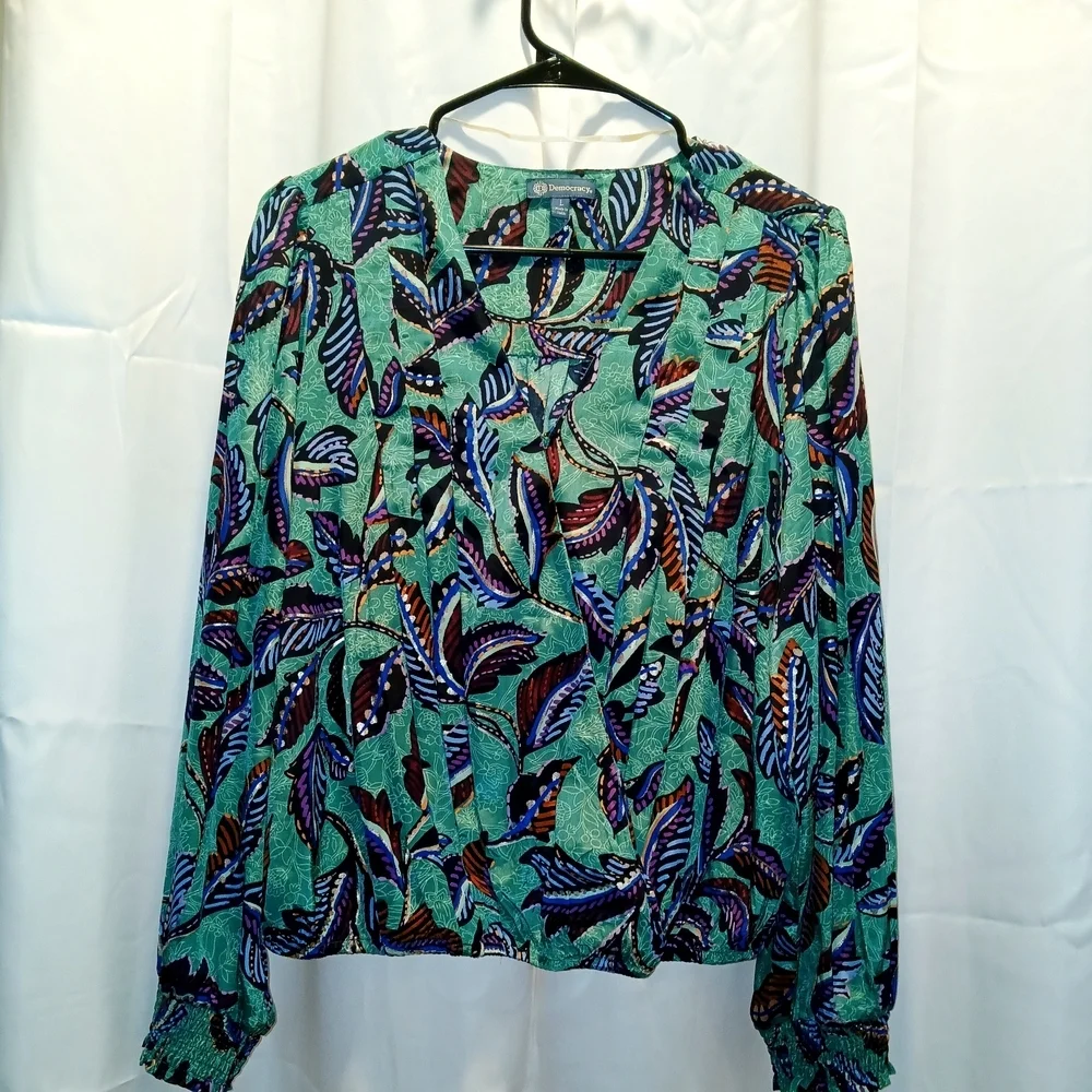 Democracy Teal and Purple Leaf Print Blouse - Picture 2 of 5